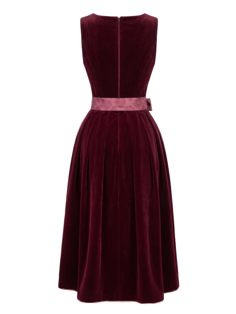 Weinrotes 50er 2PCS Samtkleid mit Schürze