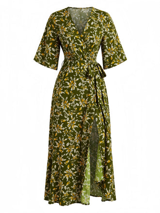 70er Boho Midikleid mit Blumen-Print und V-Ausschnitt