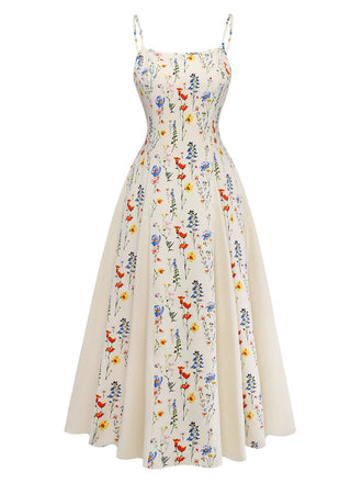 Beiges 70er Midikleid mit Ditsy-Blumen und Spaghettiträgern