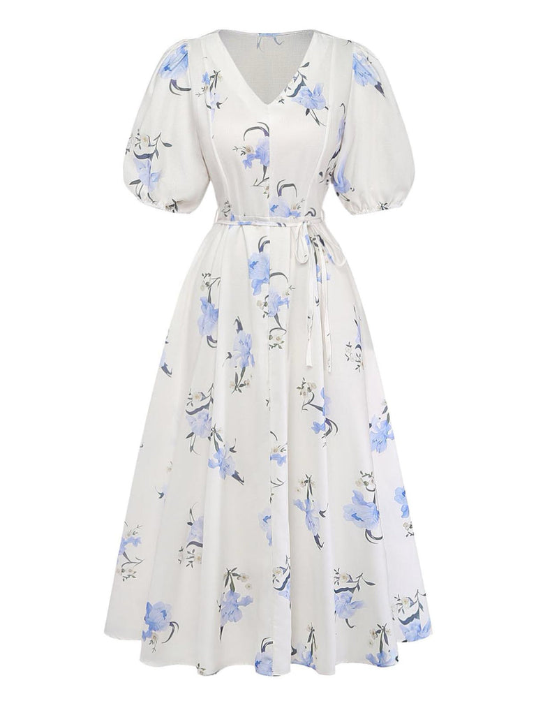 Beige 1940s Floral V Neck Dress 3