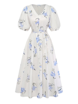 Beige 1940s Floral V Neck Dress 3