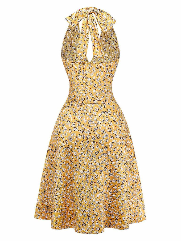 Gelbes 50er Kleid mit Streublumen und Neckholder