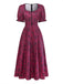 Weinrotes 40er Maxikleid mit Blumen-Print und Eckiger Ausschnitt