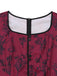 Weinrotes 40er Maxikleid mit Blumen-Print und Eckiger Ausschnitt
