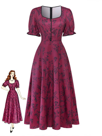 Weinrotes 40er Maxikleid mit Blumen-Print und Eckiger Ausschnitt