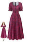 Weinrotes 40er Maxikleid mit Blumen-Print und Eckiger Ausschnitt