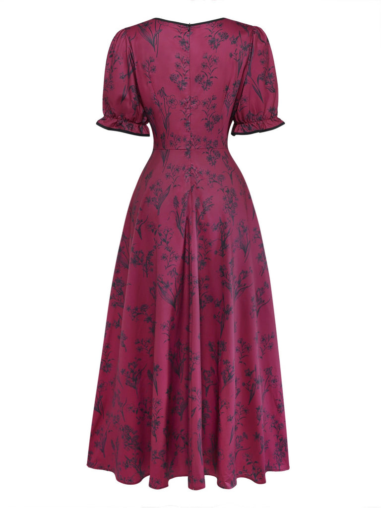 Weinrotes 40er Maxikleid mit Blumen-Print und Eckiger Ausschnitt