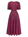 Weinrotes 40er Maxikleid mit Blumen-Print und Eckiger Ausschnitt