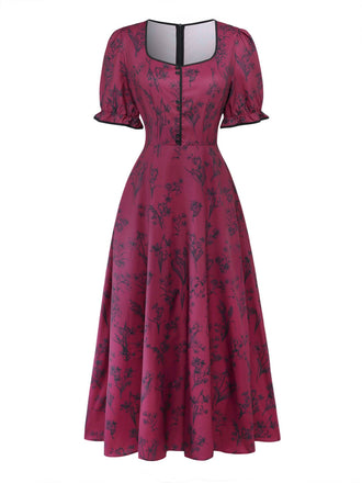 Weinrotes 40er Maxikleid mit Blumen-Print und Eckiger Ausschnitt