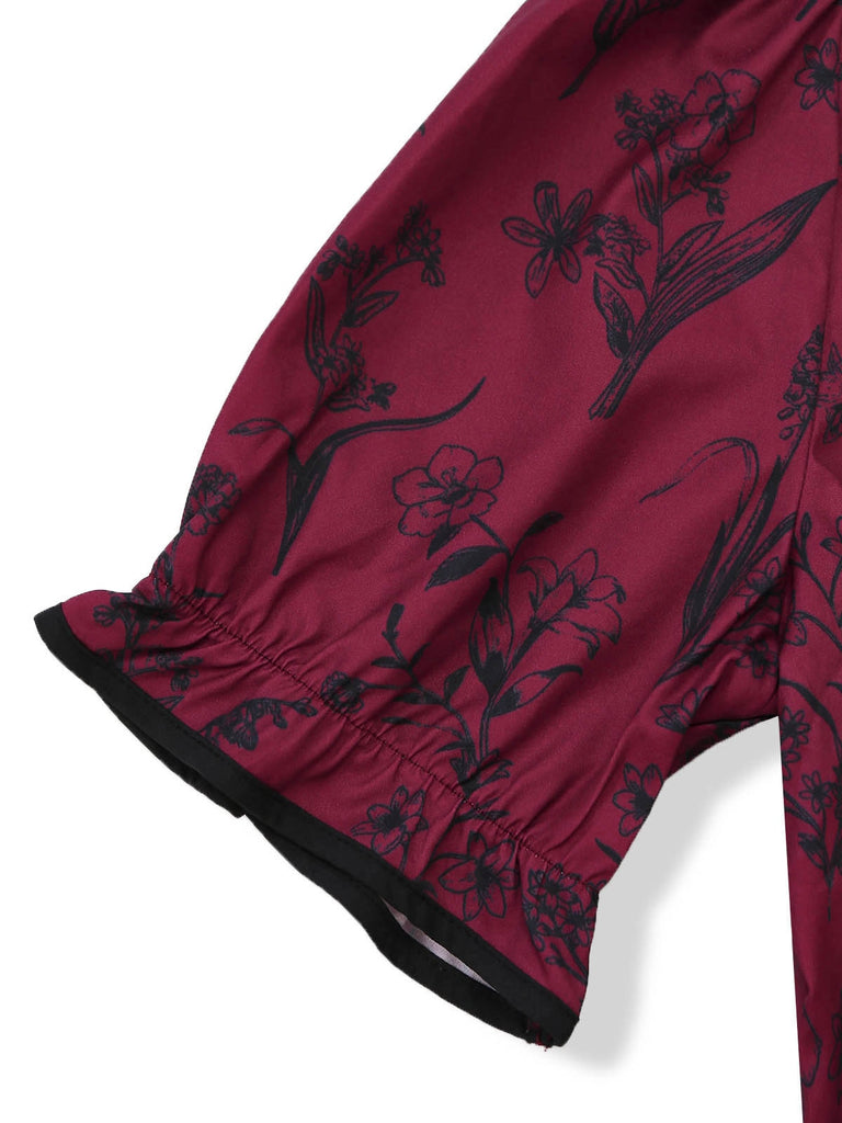 Weinrotes 40er Maxikleid mit Blumen-Print und Eckiger Ausschnitt