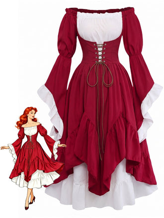 Rotes 30er schulterfreies Renaissance-Kleid mit Glockenärmeln