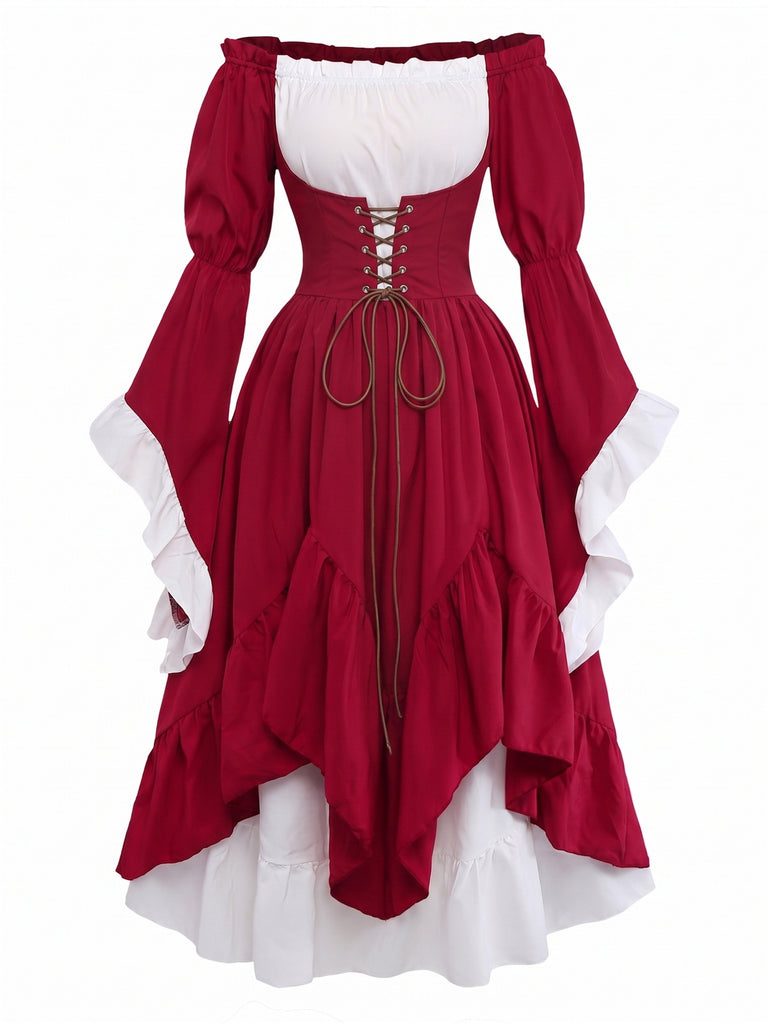Rotes 30er schulterfreies Renaissance-Kleid mit Glockenärmeln