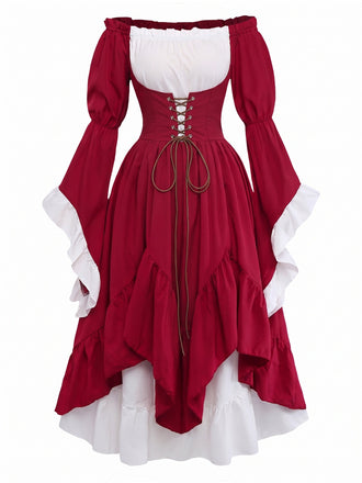 Rotes 30er schulterfreies Renaissance-Kleid mit Glockenärmeln
