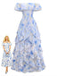 30er schulterfreies Maxikleid mit Aquarellblumen und Rüschen