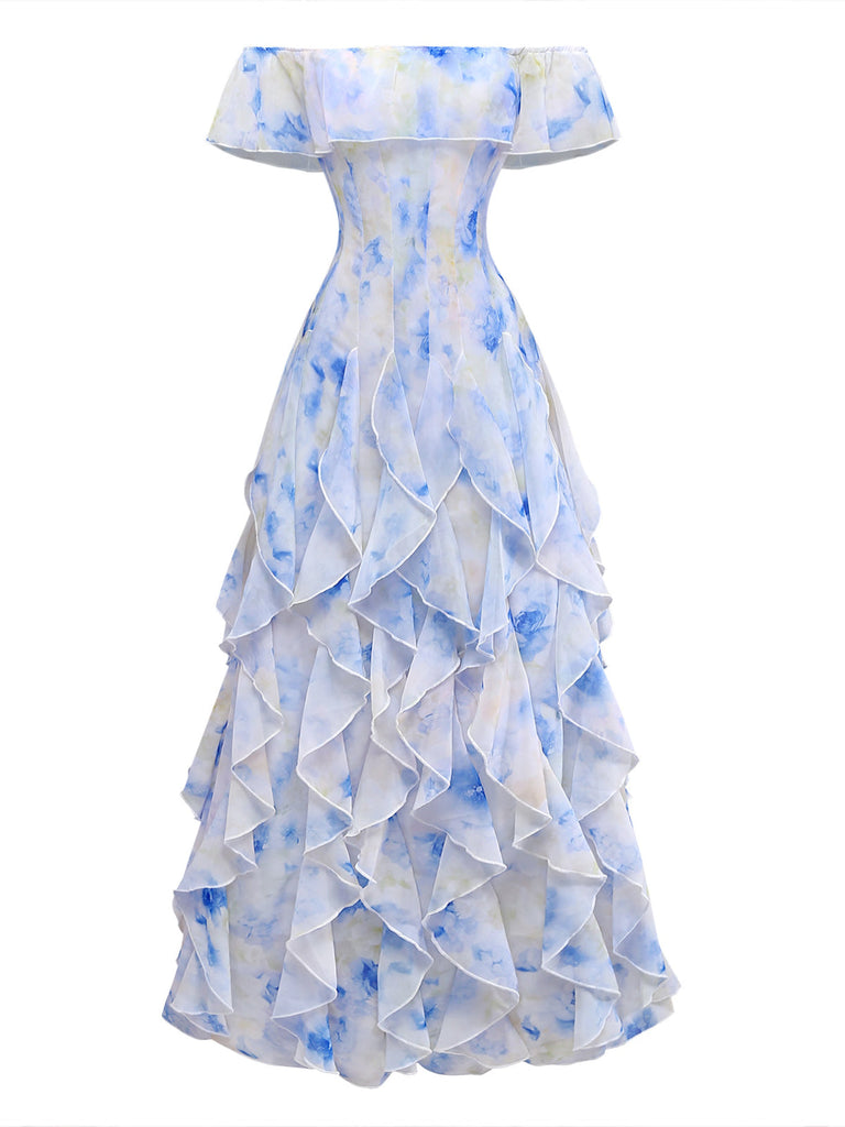 30er schulterfreies Maxikleid mit Blumen und Rüschen