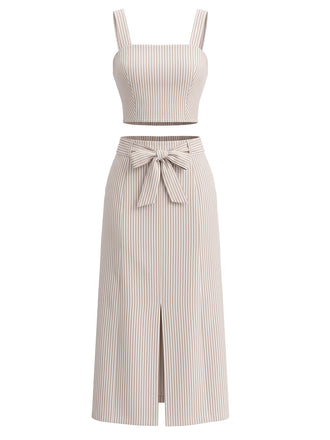 Khaki 40er Rock mit Schleife und Crop-Top