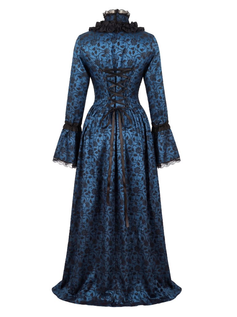 30er Gothic Maxikleid mit Blumen und Glockenärmeln