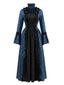 Dunkelblaues 30er viktorianisches Gothic-Kleid mit Glockenärmeln und Blumenmuster