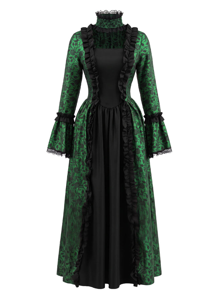 30er Gothic Maxikleid mit Blumen und Glockenärmeln