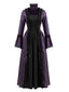 Lila 30er viktorianisches Gothic-Kleid mit Glockenärmeln und Blumenmuster