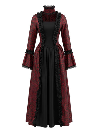 30er Gothic Maxikleid mit Blumen und Glockenärmeln