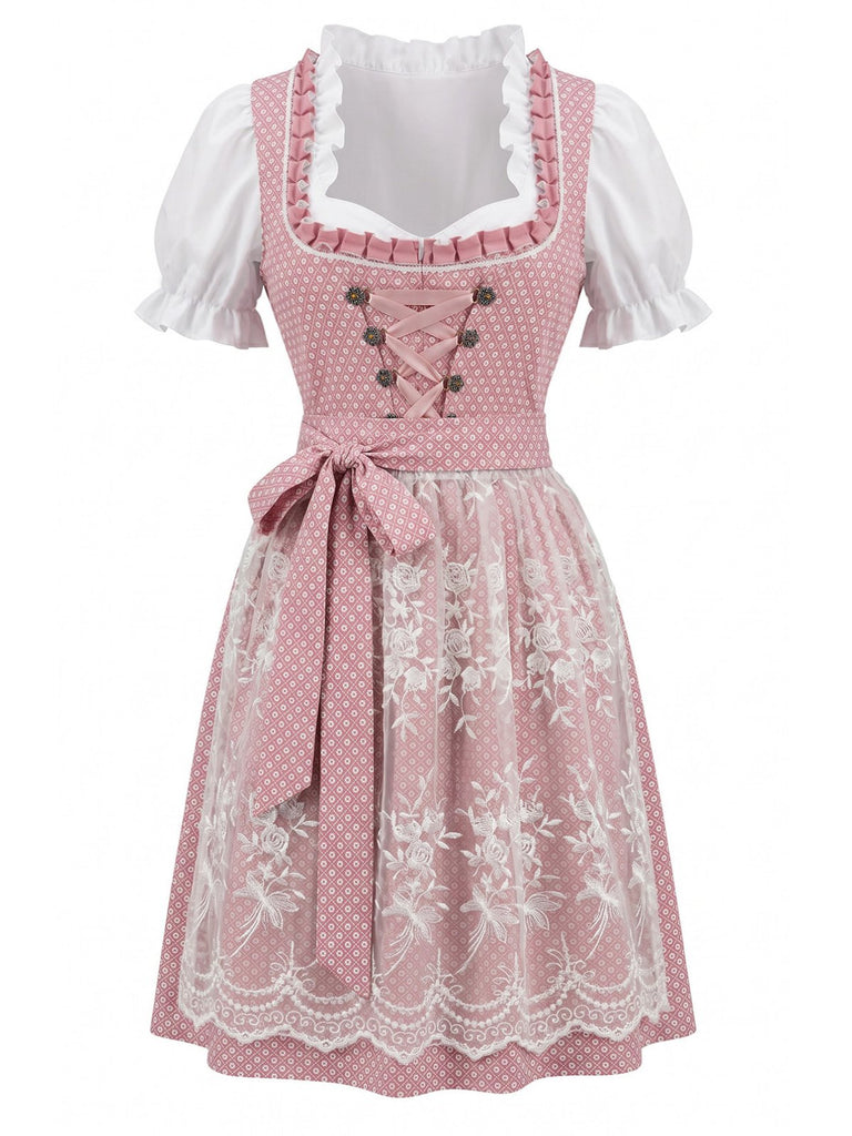 Rotes 50er Oktoberfest-Dirndl-Set mit Blumenmuster und Pufftop