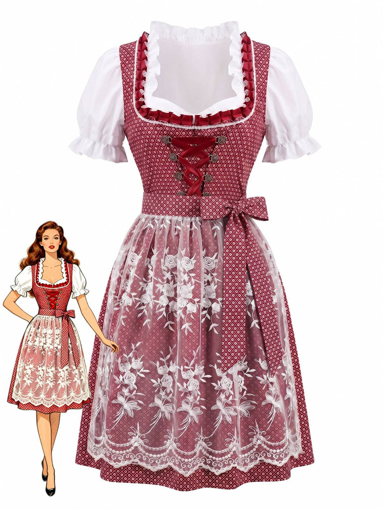 Rotes 50er Oktoberfest-Dirndl-Set mit Blumenmuster und Pufftop