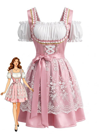 Rosa 50er Oktoberfest-Dirndlkleid mit Cold-Shoulder und Spitzenschürze