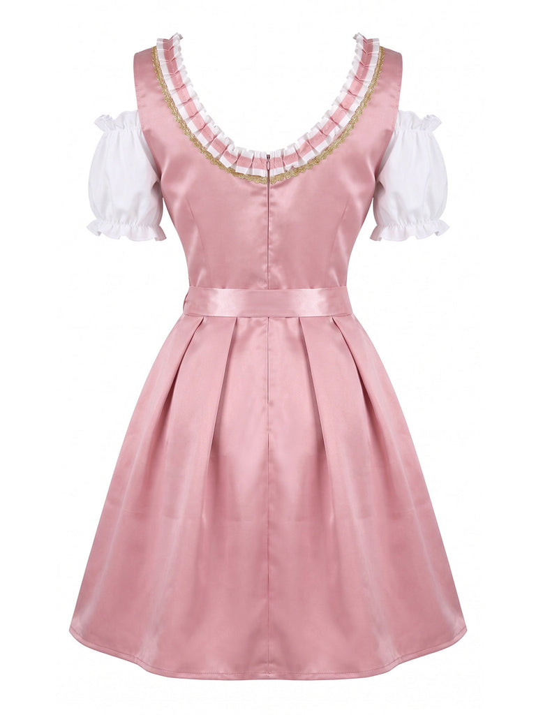 Rosa 50er Cold-Shoulder Kleid mit Stickerei und Puffärmel
