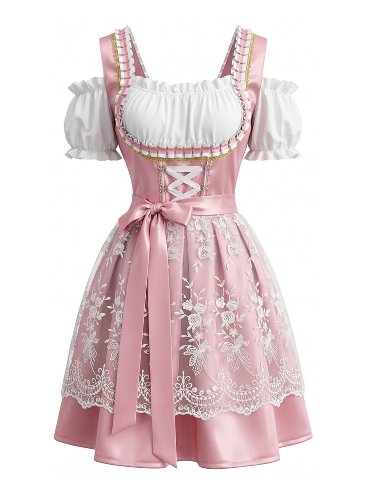 Rosa 50er Cold-Shoulder Kleid mit Stickerei und Puffärmel