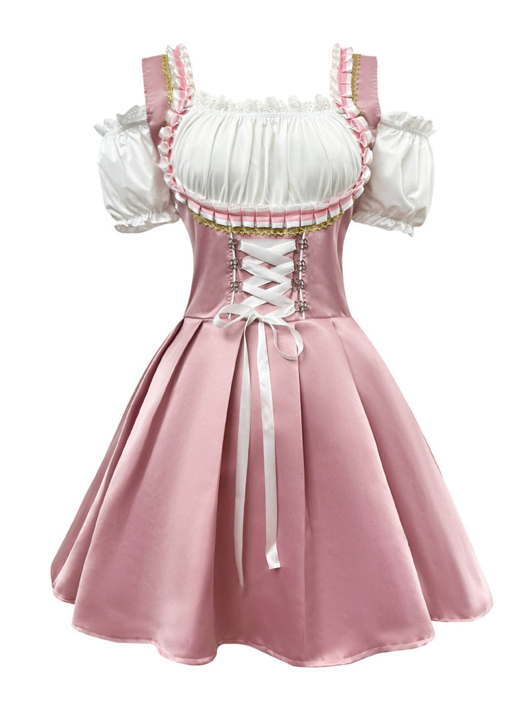 Rosa 50er Cold-Shoulder Kleid mit Stickerei und Puffärmel