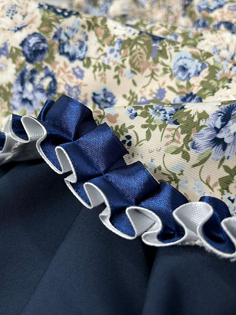 Blaues 50er 3PCS Kleid mit Pufftop und Blumen-Schürze