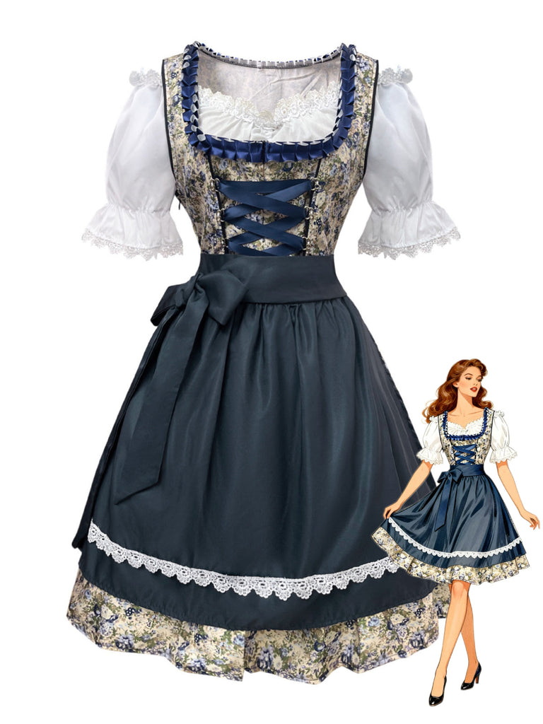 Blaues 50er 3PCS Kleid mit Pufftop und Blumen-Schürze