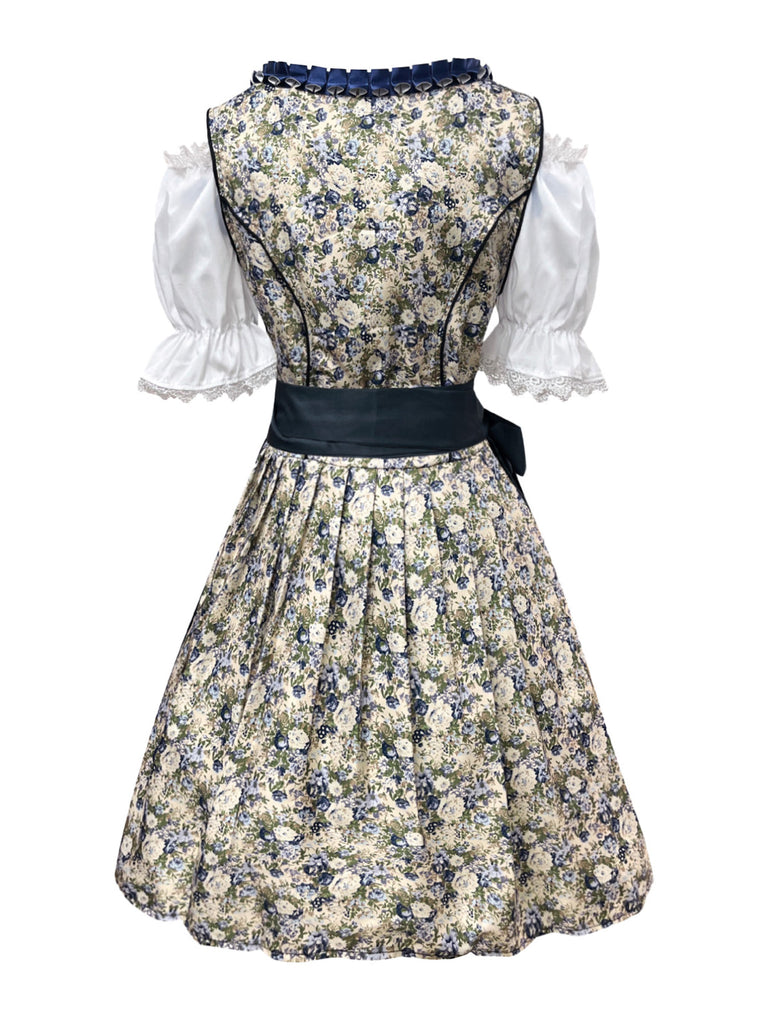 Blaues 50er 3PCS Kleid mit Pufftop und Blumen-Schürze