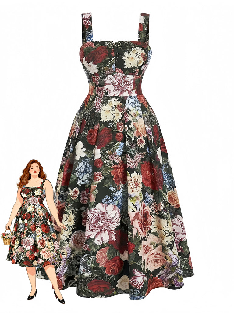 [Übergröße] Dunkelgrünes 60er Swingkleid mit Rosen