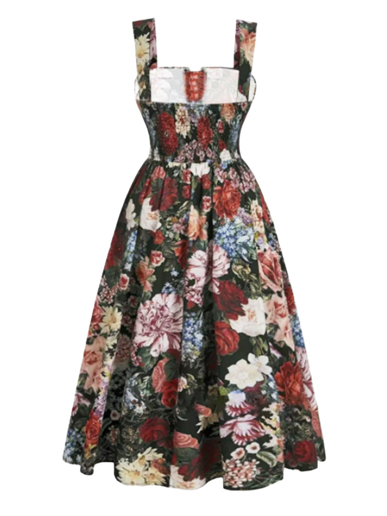 [Übergröße] Dunkelgrünes 60er Swingkleid mit Rosen