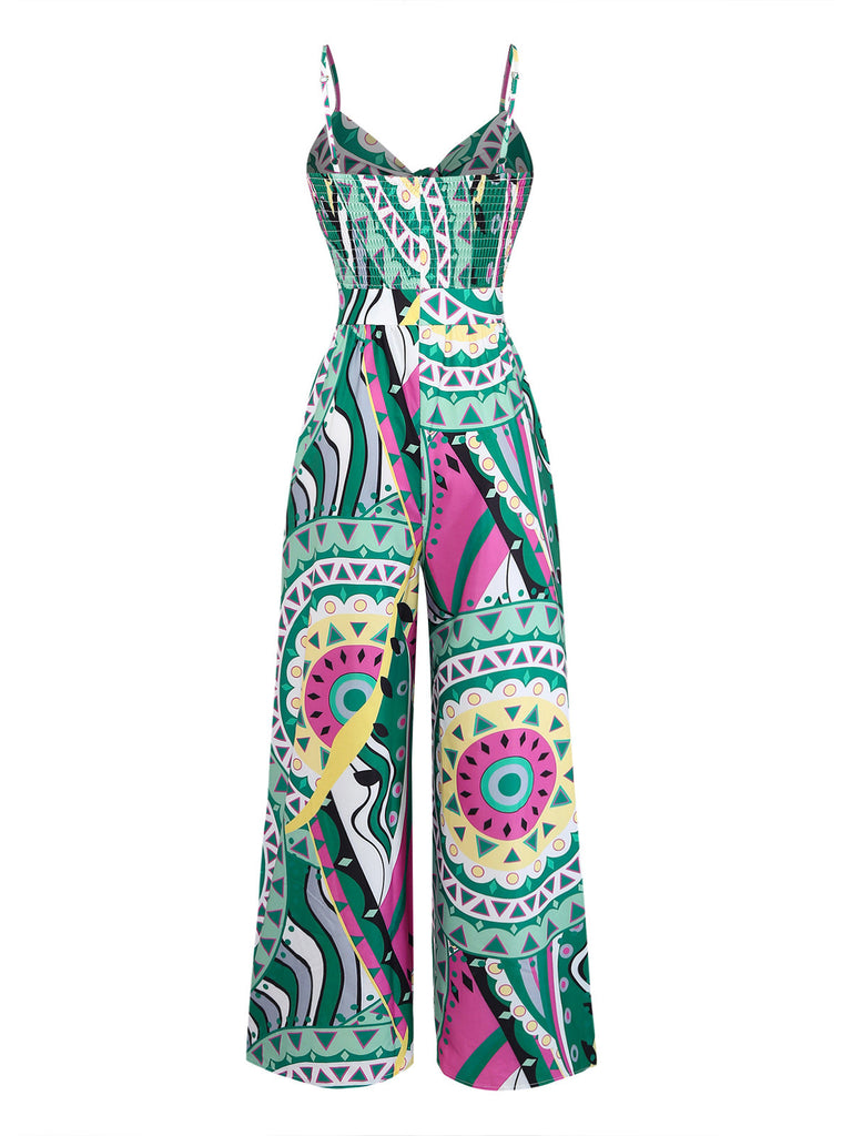 Grüner 30er Boho Jumpsuit mit Spaghettiträger und Geometrisch