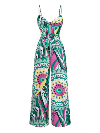 Grüner 30er Boho Jumpsuit mit Spaghettiträger und Geometrisch