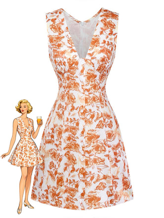Orange 60er Kleid mit V-Ausschnitt und Blumen