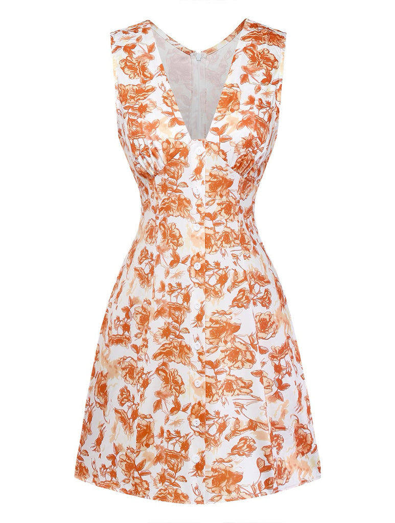 Orange 60er Kleid mit V-Ausschnitt und Blumen
