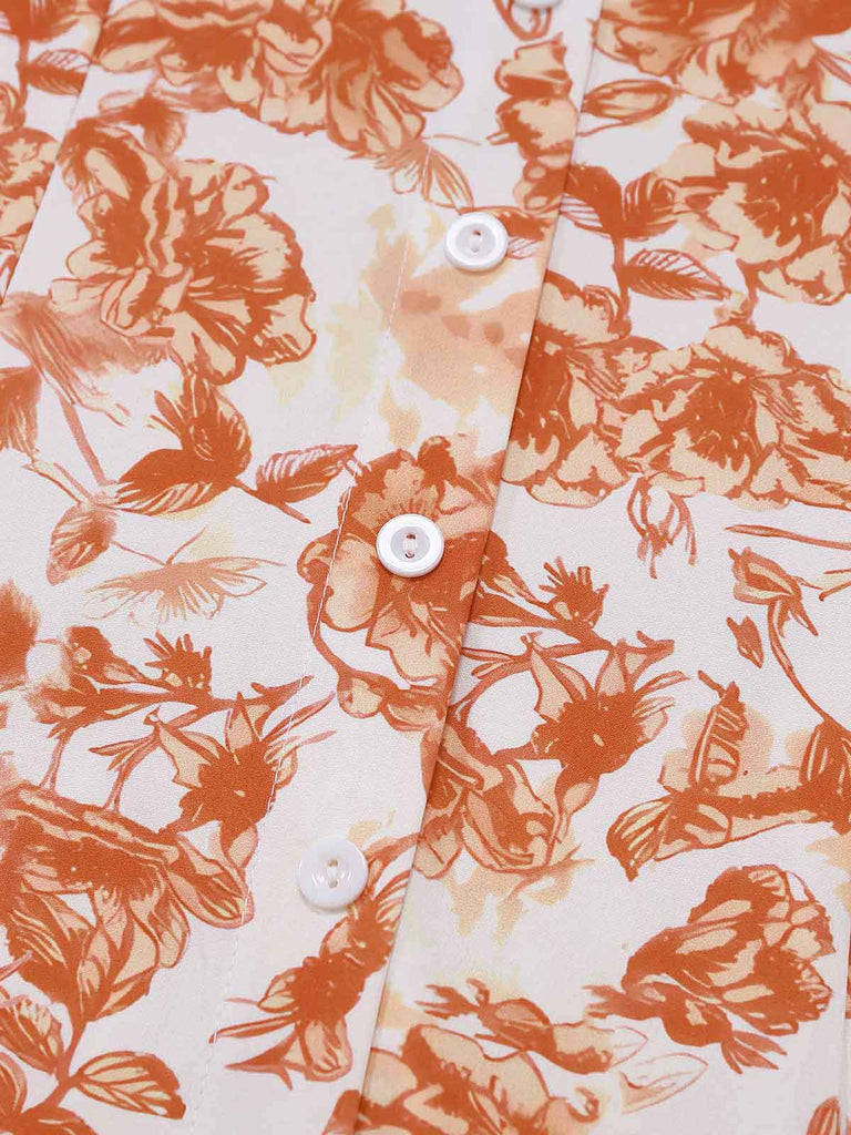Orange 60er Kleid mit V-Ausschnitt und Blumen