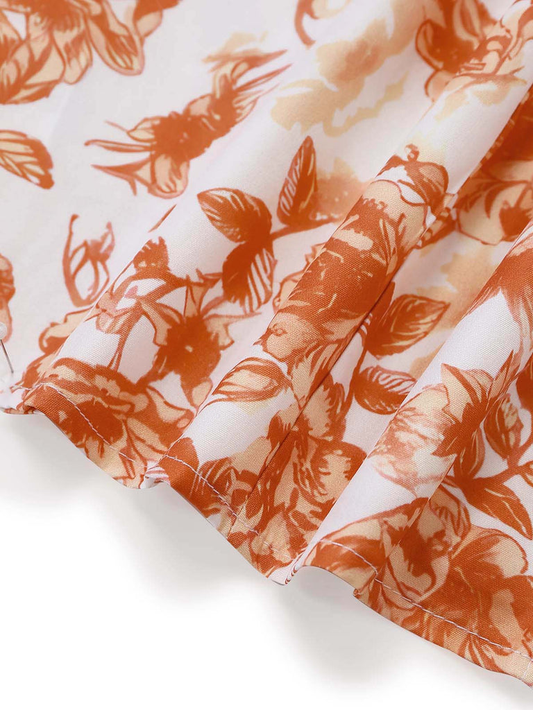 Orange 60er Kleid mit V-Ausschnitt und Blumen