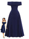 Blaues 50er schulterfreies Swingkleid mit Umklappen und Ausschnitt