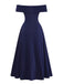 Blaues 50er schulterfreies Swingkleid mit Umklappen und Ausschnitt