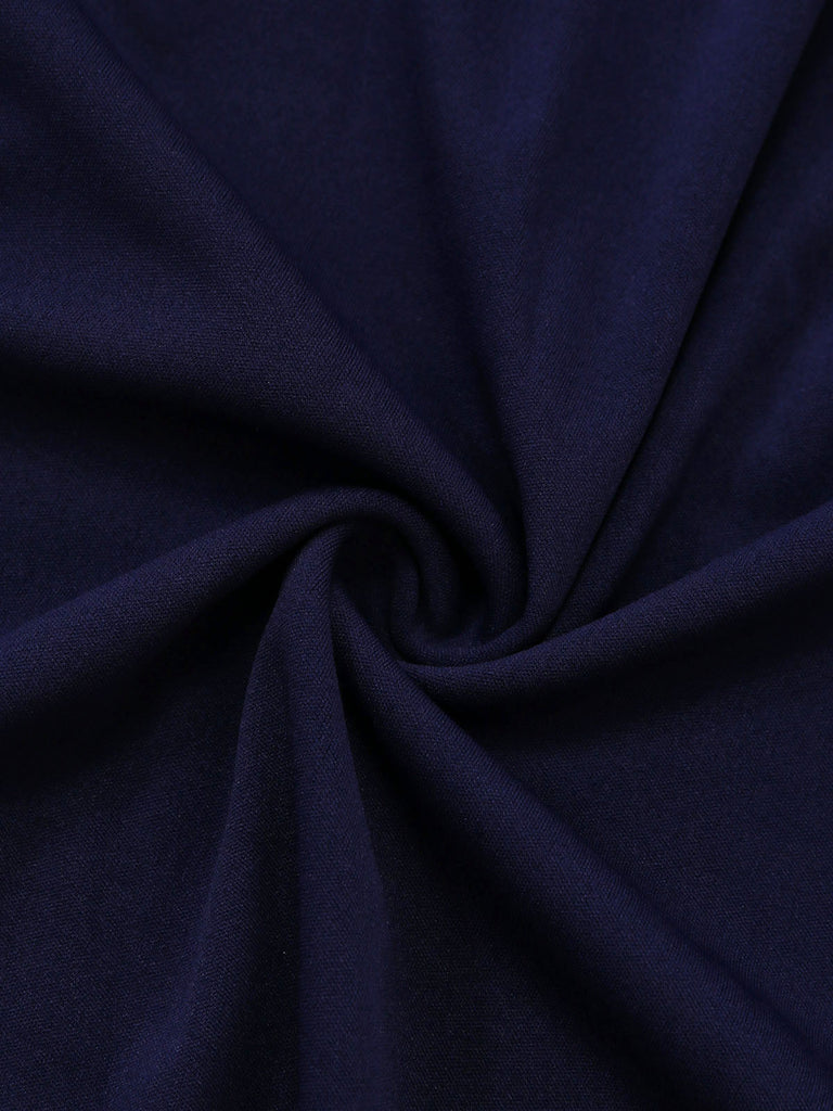 Blaues 50er schulterfreies Swingkleid mit Umklappen und Ausschnitt