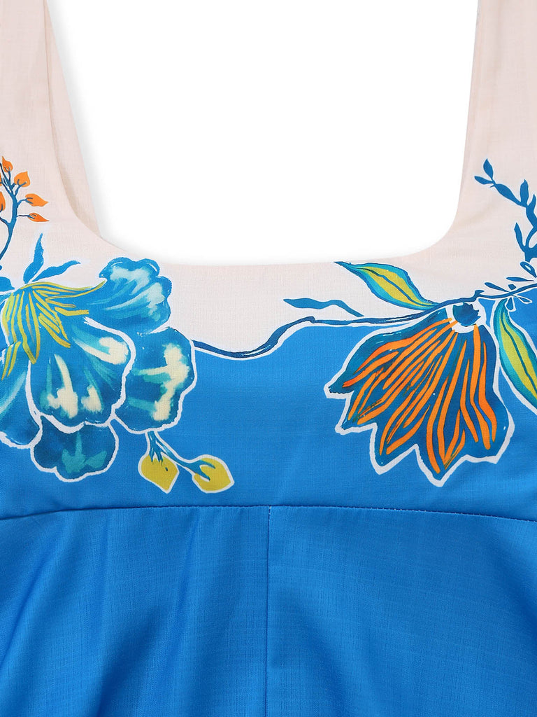 Blaues 70er Kleid mit Eckiger Ausschnitt und Blumen