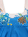 Blaues 70er Kleid mit Eckiger Ausschnitt und Blumen