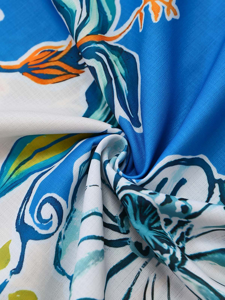 Blaues 70er Kleid mit Eckiger Ausschnitt und Blumen