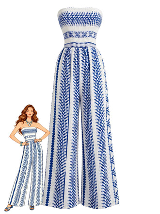 Blauer 70er trägerloser Jumpsuit mit geometrischem Print