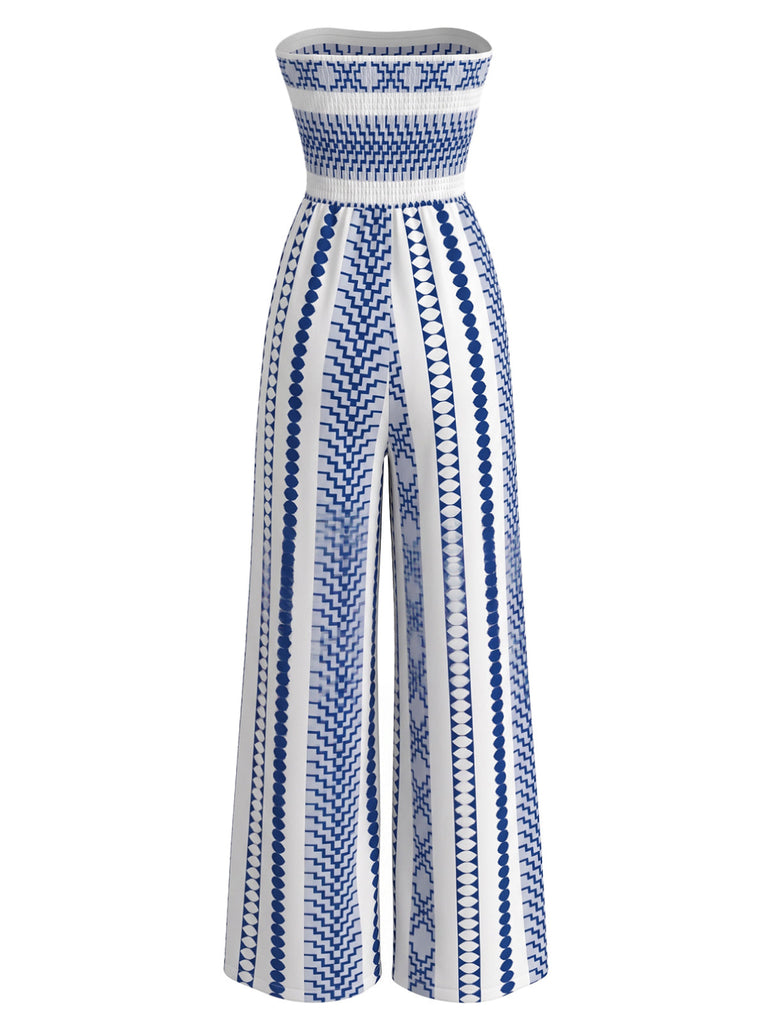 Blauer 70er trägerloser Jumpsuit mit geometrischem Print